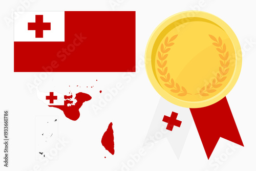 Tonga flag with map and gold medal in set for web and banners or app and games