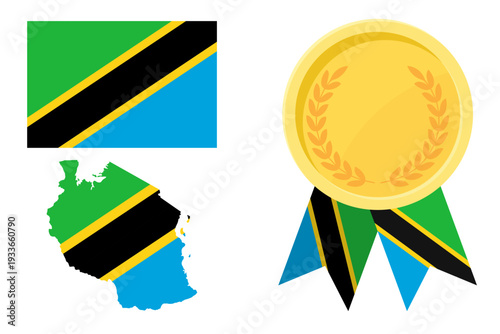 Tanzania flag with map and gold medal in set for web and banners or app and games