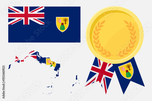 Turks and Caicos flag with map and gold medal in set for web and banners or app and games