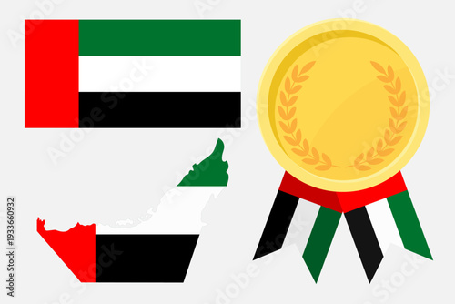 United Arab Emirates flag with map and gold medal in set for web and banners or app and games