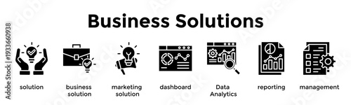 Business Solutions Banner Web Icon Vector Illustration Concept For Solution, Business Solution, Marketing Solution, Dashboard, Data Analytics, Reporting, Management