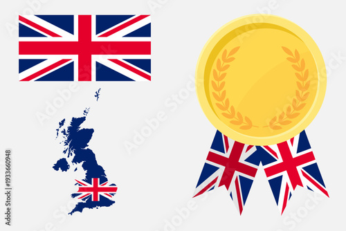 United Kingdom of Great Britain flag with map and gold medal in set for web and banners or app and games