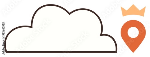 Cloud computing, data storage, business leadership, location services, innovation, digital transformation. White cloud with a crowned orange location pin. Cloud computing and business leadership