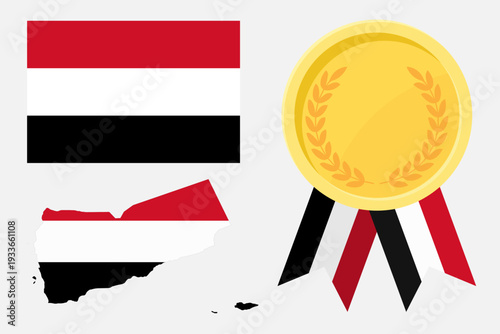 Yemen flag with map and gold medal in set for web and banners or app and games