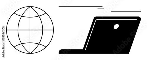 Globe symbol next to a minimalist laptop represents connection, technology, and global communication. Ideal for remote work, global network, online business, digital tools, e-learning, data access