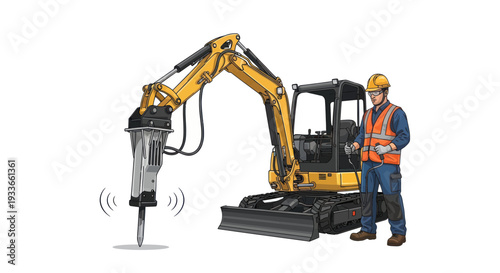 Construction worker operating a hydraulic breaker excavator with remote control