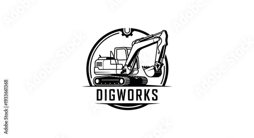 Excavator Logo Design, Black and White Construction Vehicle Icon