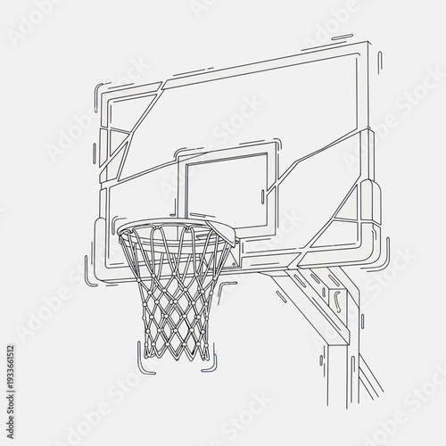 Basketball hoop and backboard line art illustration on a plain background