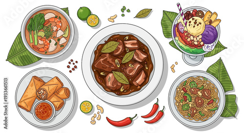 Assorted International Cuisine Dishes Displayed on Plates from Overhead View