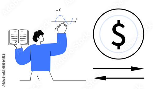 Financial planning, data analysis, educational learning, investment strategies, economic exchange, business concepts. Person drawing chart, dollar symbol with arrows. Financial planning and data