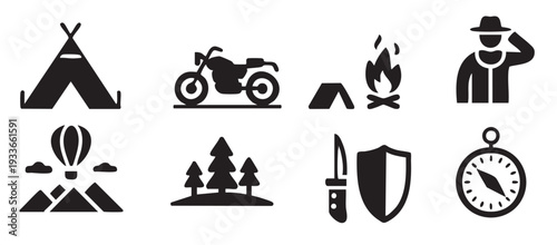 adventure travel and camping black icons