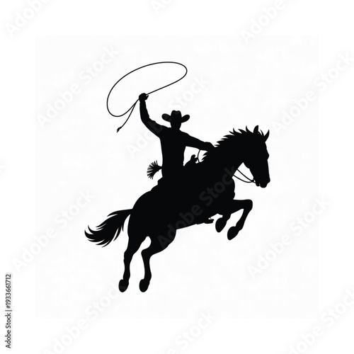 Silhouette of a cowboy on horseback swinging a lasso against white