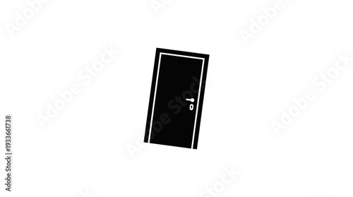 A simple, flat black silhouette of a modern door, slightly tilted and floating in empty space, symbolizing opportunity, transition, or a new beginning.