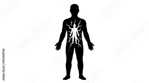 Black silhouette of a human body with a striking internal fracture pattern radiating from the chest, suggesting emotional pain, inner conflict, or a broken spirit.