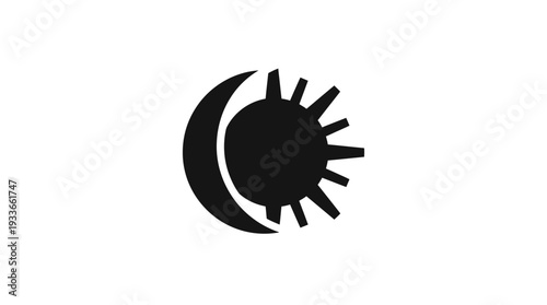 Minimalist graphic symbol merging a crescent moon and a stylized sun with radiating rays, representing duality, balance, day and night, or cosmic harmony.
