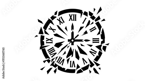 A black silhouette of a classic clock face with Roman numerals, shattering into numerous fragments, symbolizing the passage of time, broken time, or urgency.