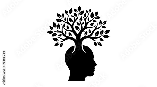 Silhouette of a human head with a flourishing tree growing from its crown, symbolizing knowledge, growth, mental development, and the power of ideas and nature.