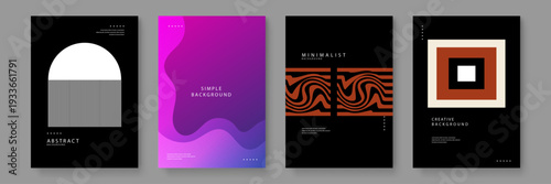 Collection of four abstract posters featuring minimalist geometric shapes and wavy patterns in black purple and orange colors