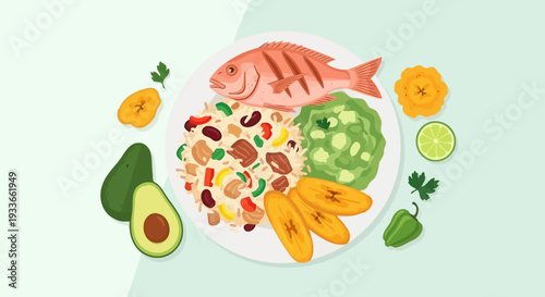 Healthy meal preparation with fish, fruits, and vegetables arranged on a white plate from a top-down view