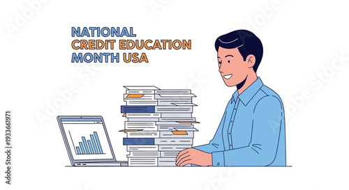 Illustration of a man working on a laptop with stacks of documents for National Credit Education Month in a flat design style with a professional and educational mood.
