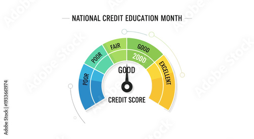 Illustration of a credit score meter for National Credit Education Month with a gauge showing good, fair, and poor credit score ranges on a colorful scale.