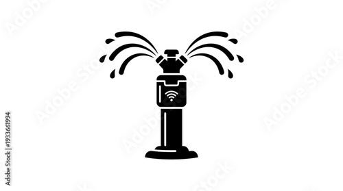 Black silhouette of a smart irrigation sprinkler system spraying water, with a Wi-Fi symbol indicating wireless control and automation for gardens.
