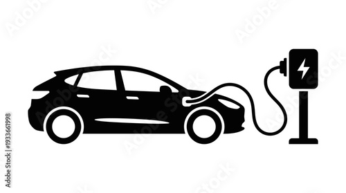 Black silhouette of an electric car charging at a home charging station, symbolizing sustainable transportation, clean energy, and modern living.