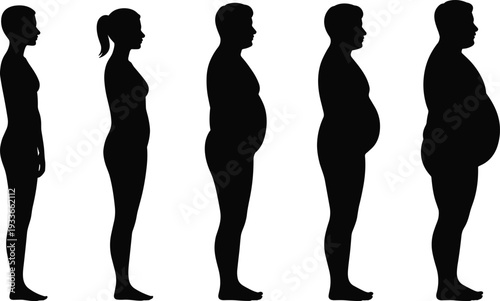 Black Silhouettes of Human Figures Showing Progression of Body Types from Slim to Obese vector illustration