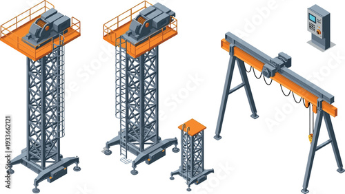 Isometric industrial lifting equipment set featuring construction hoist tower, gantry crane and control panel, heavy machinery for warehouse logistics, manufacturing and engineering operations