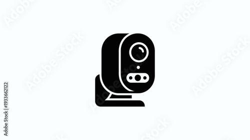 Sleek flat black silhouette icon of a smart security camera, designed for home surveillance and monitoring, representing advanced technology and safety features.