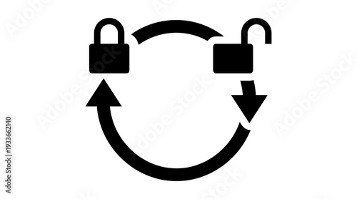 Simple flat black icon depicting a smart lock cycle with arrows indicating locking and unlocking actions, representing modern security and access control technology.
