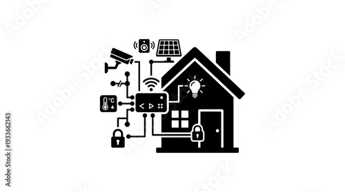 Comprehensive flat black icon illustrating home automation systems, featuring a house silhouette connected to various smart devices like cameras, lights, and sensors.
