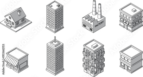 Isometric city buildings collection featuring house, skyscraper, factory and commercial structures, urban architecture set for construction, real estate, business district and city