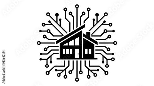Modern smart house silhouette integrated into a complex circuit board design, symbolizing a connected, intelligent, and technologically advanced home.