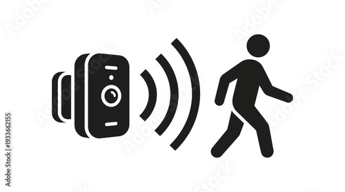 Smart home motion sensor detecting a person walking, represented by a black silhouette icon with radiating waves, symbolizing security and automation technology.