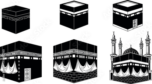 Kaaba in Mecca silhouette collection showing Islamic holy shrine with mosque architecture elements, sacred pilgrimage landmark of Islam, religious symbol illustration isolated