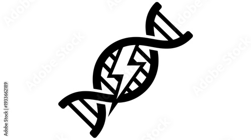 Stylized black silhouette of a DNA strand with a powerful lightning bolt icon inside, representing genetic energy, scientific breakthrough, or bio-electrical power.