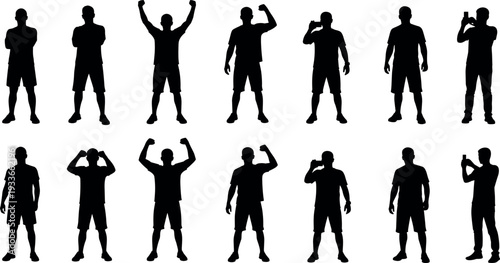 Male standing poses silhouette collection showing confident men gestures, flexing muscles, taking photos, casual body language positions isolated vector set