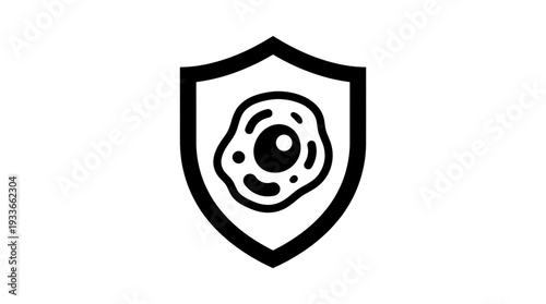 Black icon of a shield protecting a cell, symbolizing cell protection, defense, immunity, or biological safety, on a white background.