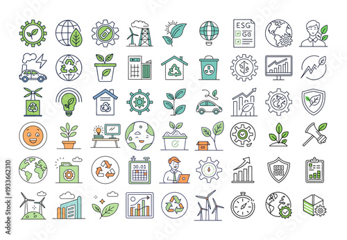 Set of flat ecology vector icons and business symbols for web design, featuring mobile media illustrations and computer internet signs for finance and shopping website elements