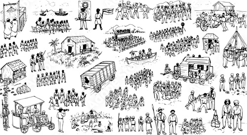 Historical Black and White Line Art Collage: Scenes of African  Indigenous Life, depicting Community, Labor, Travel, and Social Movements with Figures, Villages  Vehicles.