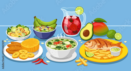 Assorted healthy food items arranged on a table with fruits and drinks from an overhead viewpoint