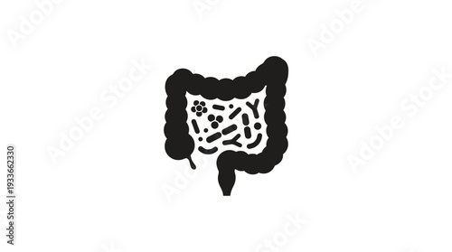 Black silhouette of the human intestines filled with bacteria, symbolizing gut health, microbiome balance, or digestive system, isolated on a white background.