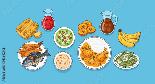 Assorted dishes including fish, chicken, vegetables, fruits, and beverages displayed on a light blue background from a top view.