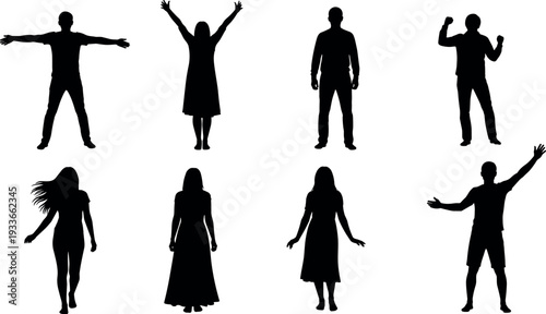 People silhouette collection featuring men and women standing, celebrating, walking and posing gestures, human body shapes isolated, social interaction and lifestyle character