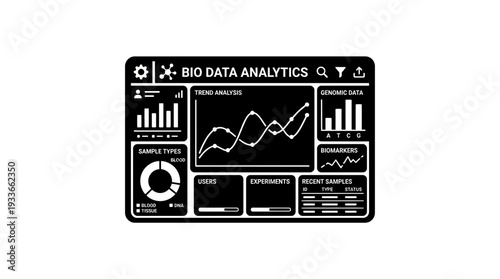 Modern bio data analytics dashboard interface with charts, graphs, and sample type information, representing scientific research and digital health insights in a clean silhouette style.