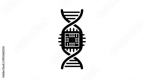 Innovative concept of microchip integrated with DNA strand, symbolizing the fusion of biotechnology and advanced technology in genetic engineering and digital life sciences.