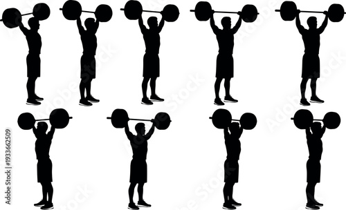 Weightlifting athlete silhouette set performing barbell overhead press exercise, strength training workout poses, fitness bodybuilder lifting weights isolated, gym powerlifting training