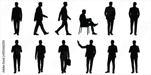 Collection of male business person silhouettes in various poses and actions Keywords: silhouette, man, businessman, business