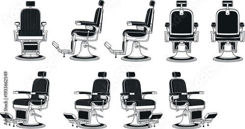 Vintage barber chair collection illustrated in multiple angles, classic barbershop furniture for hair salon equipment, grooming service interior design and professional haircut workspace
